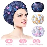 3 Pack Extra Large Double Layer Adjustable Shower Caps for Women&comma; Waterproof Exterior & EVA Lining&comma; Oversized Design for All Hair Lengths