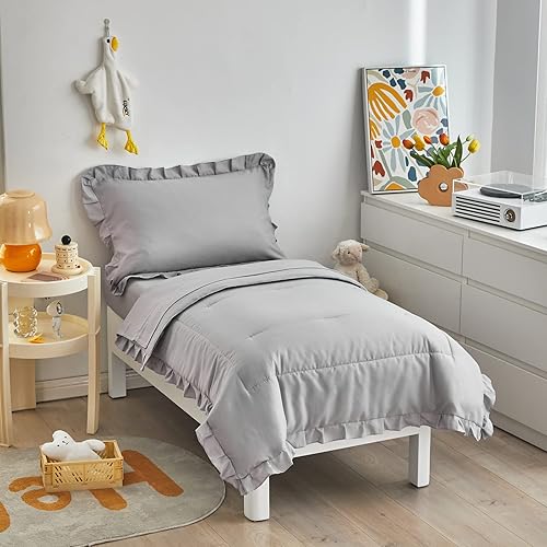Juego de ropa de cama gris de 4 piezas para niños pequeños con flecos de volantes, juego de ropa de cama de color sólido para niños pequeños - 1