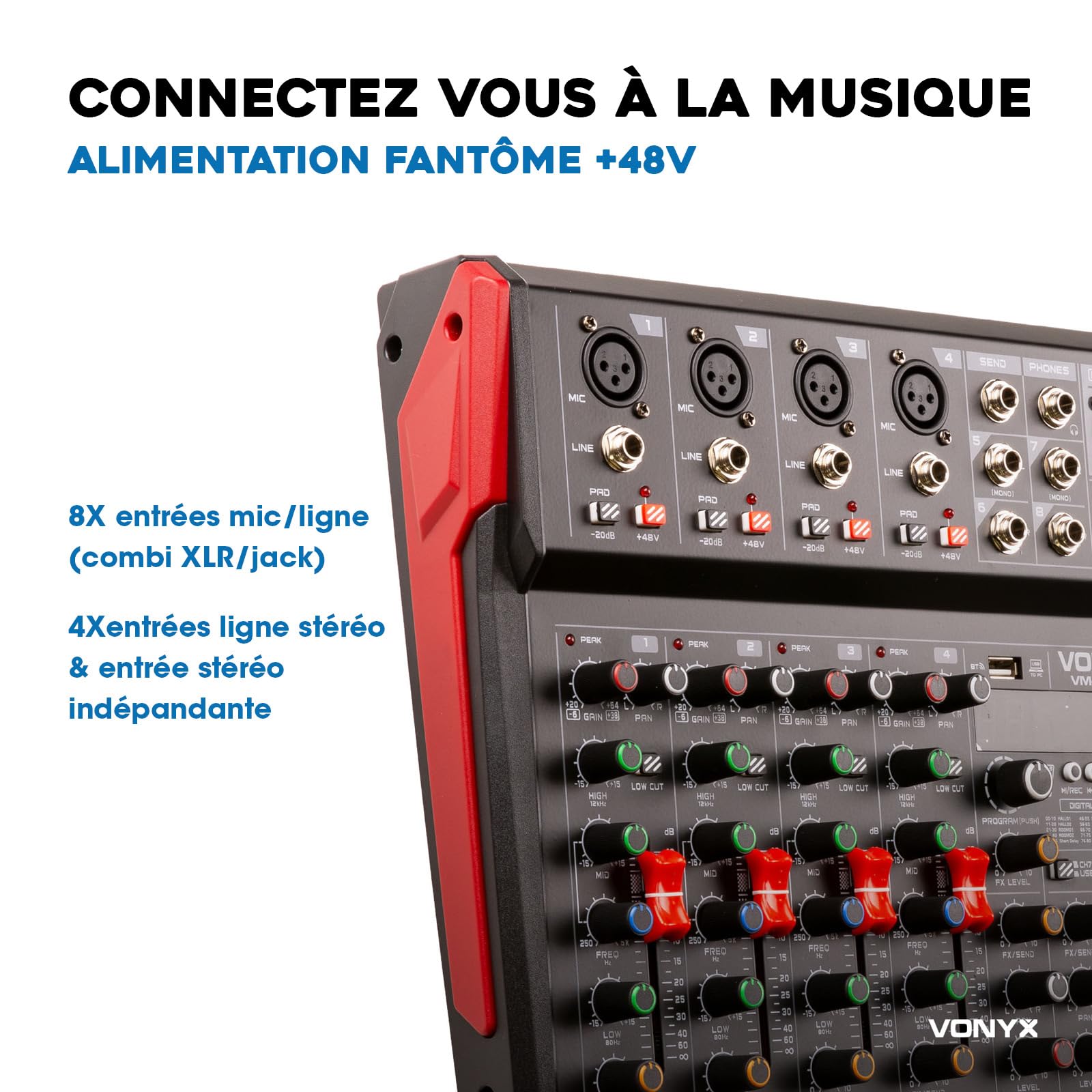 Vonyx VM-KG08 Console de Mixage 8 Canaux - Avec Bluetooth, Lecteur MP3, Interface Audio USB, Processeur de Son, Alimentation Fantôme, Écran LED, Idéal pour les Bars, Petite Salles de Concerts