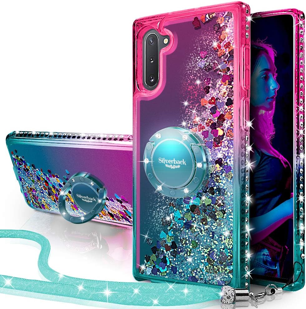Miss Arts Galaxy Note 10 Case, [Silverback] Moving Liquid Holographic Glitter Case With Kickstand, Bling Diamond Ring Slim Protective Case for Girls Women for Samsung Galaxy Note 10 -Green