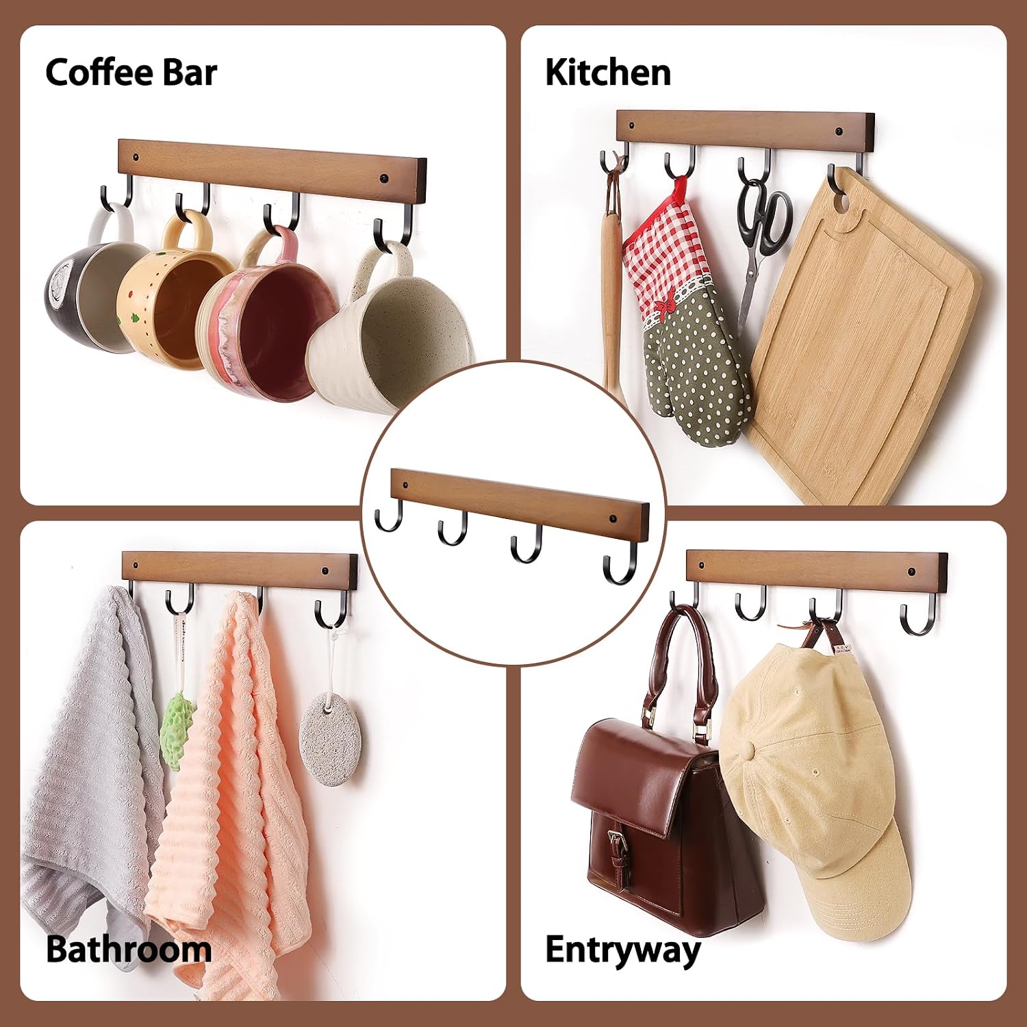 SCUNDA Mug Hook for Wall, 180° Swivel Hooks for Cups, Wooden Wall Mounted Rotatable Hooks for Hanging Mugs, Hats, Keys, Kitchen Utensils, Robe, Towel, Strong Metal Hook with Wood Base (2, Brown)