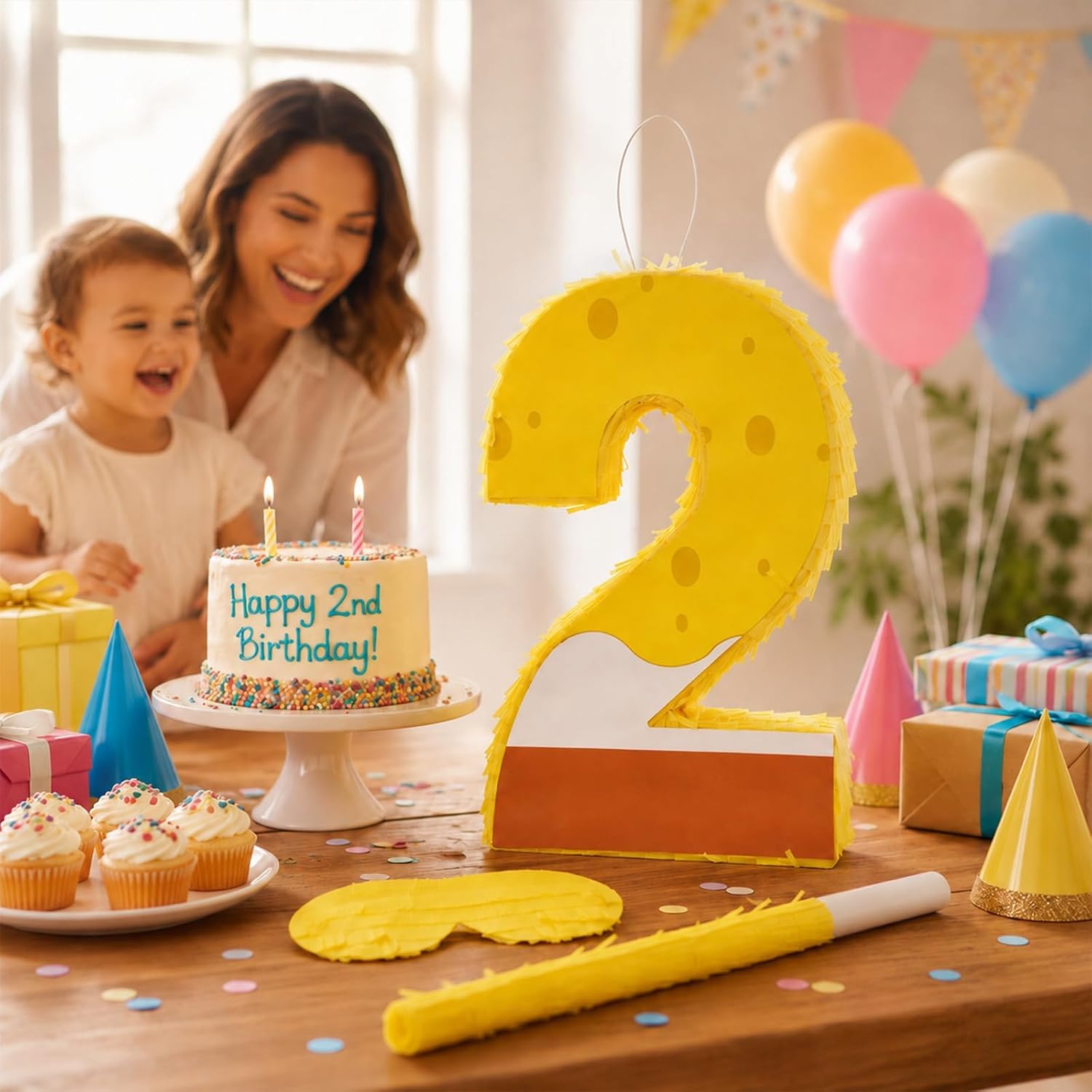 Number 2 Birthday Pinata Set for Kids, Yellow Sponge Theme 15 Inch Pinata with Stick, Blindfold & Confetti, 2 Year Old Party Game Decorations (SPBO-2nd) image 3