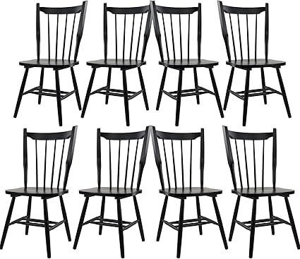 Black Wooden Dining Chairs Set of 8, Windsor Dining Chairs with Spindle High Back & Solid Wood Legs, Farmhouse Vintage Kitchen Chair for Dining Room/Restaurant, Armless