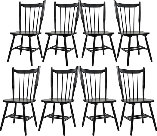 Black Wooden Dining Chairs Set of 8, Windsor Dining Chairs with Spindle High Back & Solid Wood Legs, Farmhouse Vintage Kitchen Chair for Dining Room/Restaurant, Armless