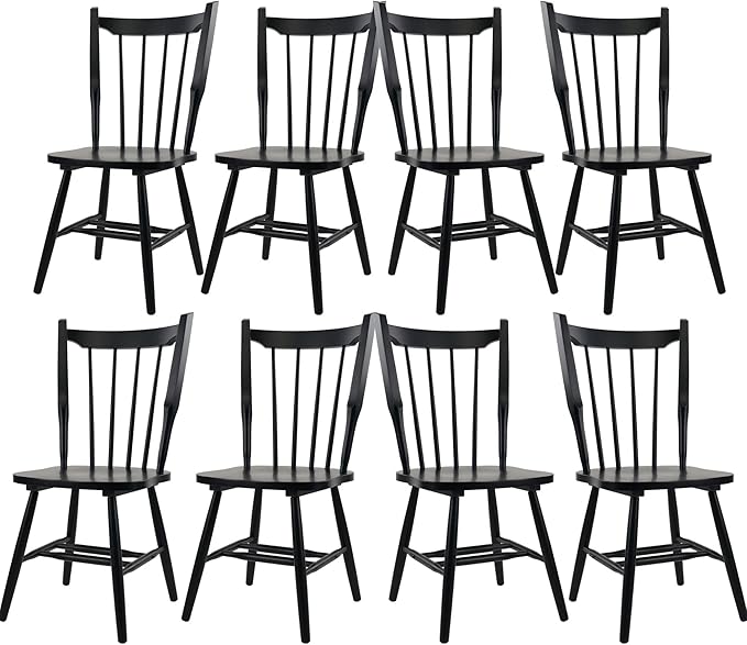 Black Wooden Dining Chairs Set of 8, Windsor Dining Chairs with Spindle High Back & Solid Wood Legs, Farmhouse Vintage Kitchen Chair for Dining Room/Restaurant, Armless