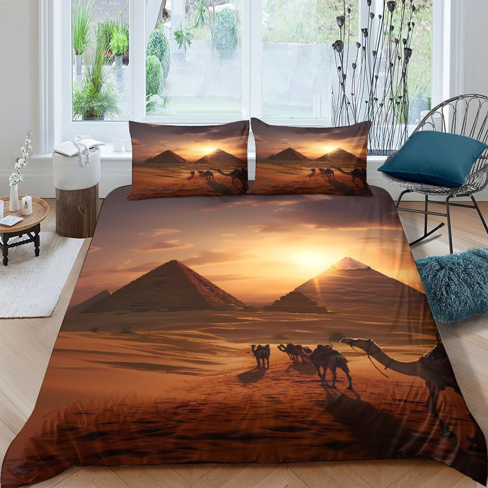 Ctjqhvkz Style-8 3D Printed Egyptian Pyramid Fitted Sheet Microfiber Sunset Camel Mattress Cover For Bedroom Dorm Decor Single（135X200cm）