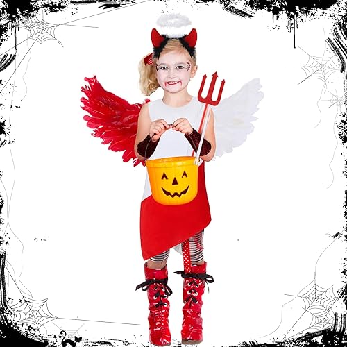 Miniatura 7 de Ramede Juego de 4 piezas de disfraz de ángel diablo de Halloween para niñas, disfraz de adolescente rojo y blanco, incluye alas de vestido, diadema,