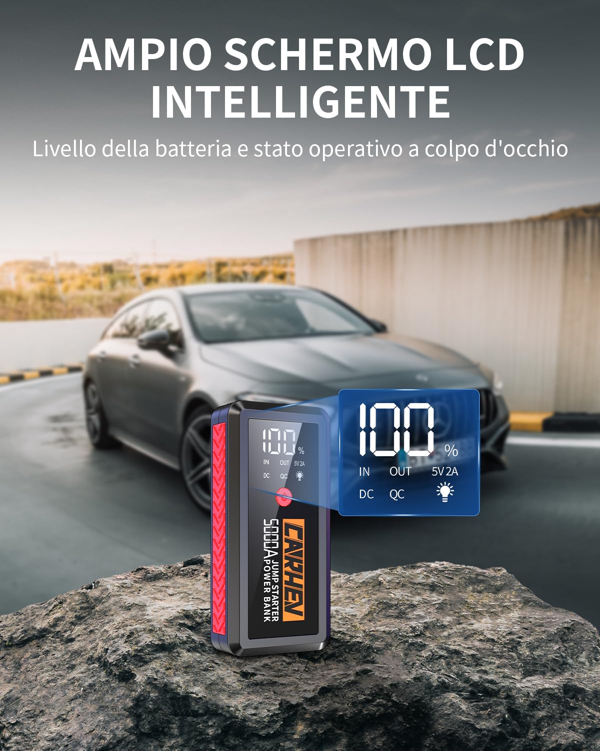 CARHEV Booster Avviamento Auto, 5000A Avviatore Batteria Auto (Fino a 8.0L Benzina/8.0L Diesel), 12V Avviatore Emergenza per Auto con Grande Display LCD e Torcia LED, Starter batteria auto con QC3.0