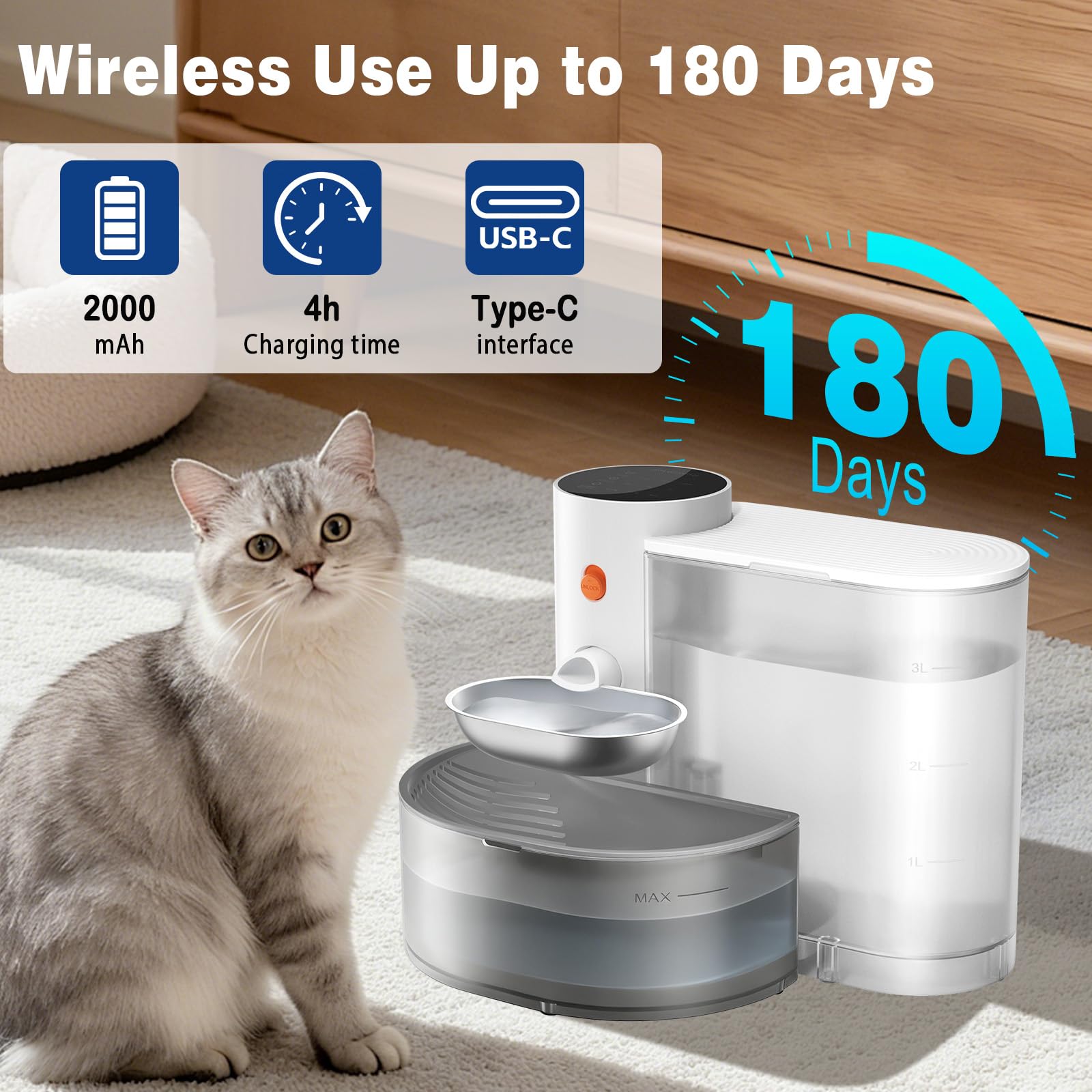 3.8L Fuente para Gatos sin Cable:,Bebedero automatico Gatos Sin Filtro e Inalámbrica con Batería 2000mAh Sistema de Separación de Agua Usada Cuenco de Acero Inoxidable Blanco