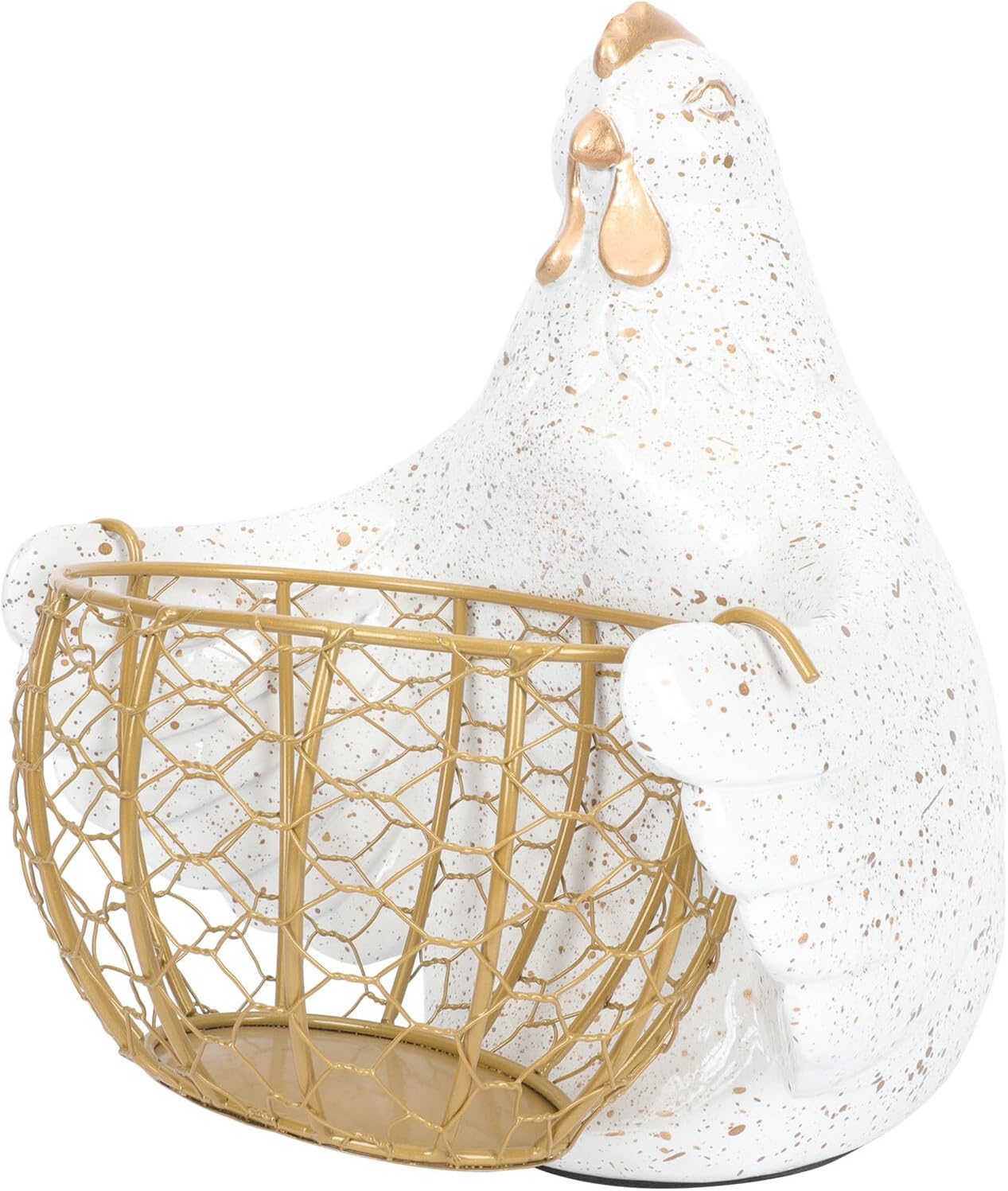 Creative Iron and Resin Egg Basket with Rooster Motif, White and Gold Decorative Kitchen Storage Container, Vegetable and Egg Organizer for Home Use