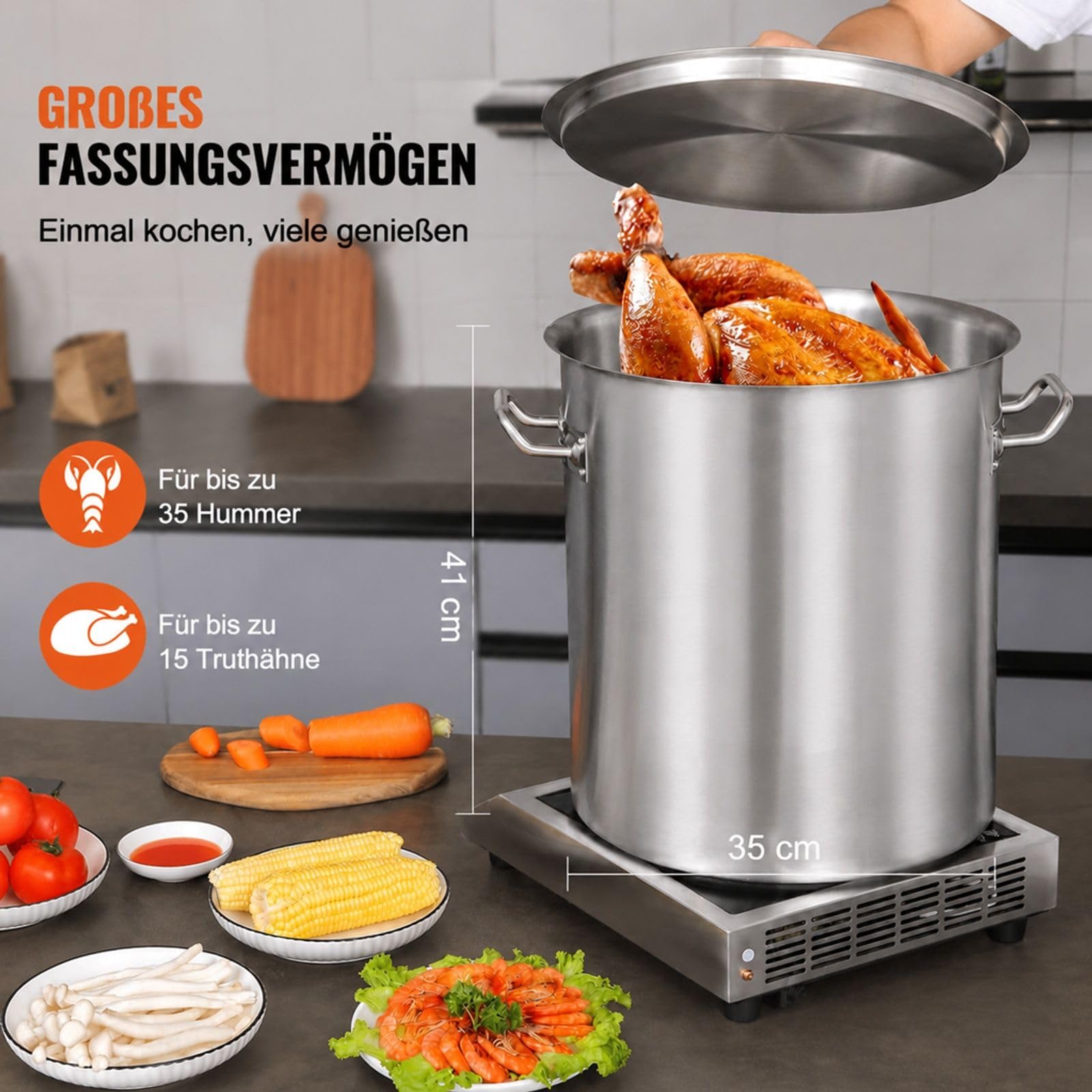 Edelstahl Kochtopf 39,7 L mit Deckel und Griffen, großer Suppentopf für Restaurant, Veranstaltung und Gewerbeküche