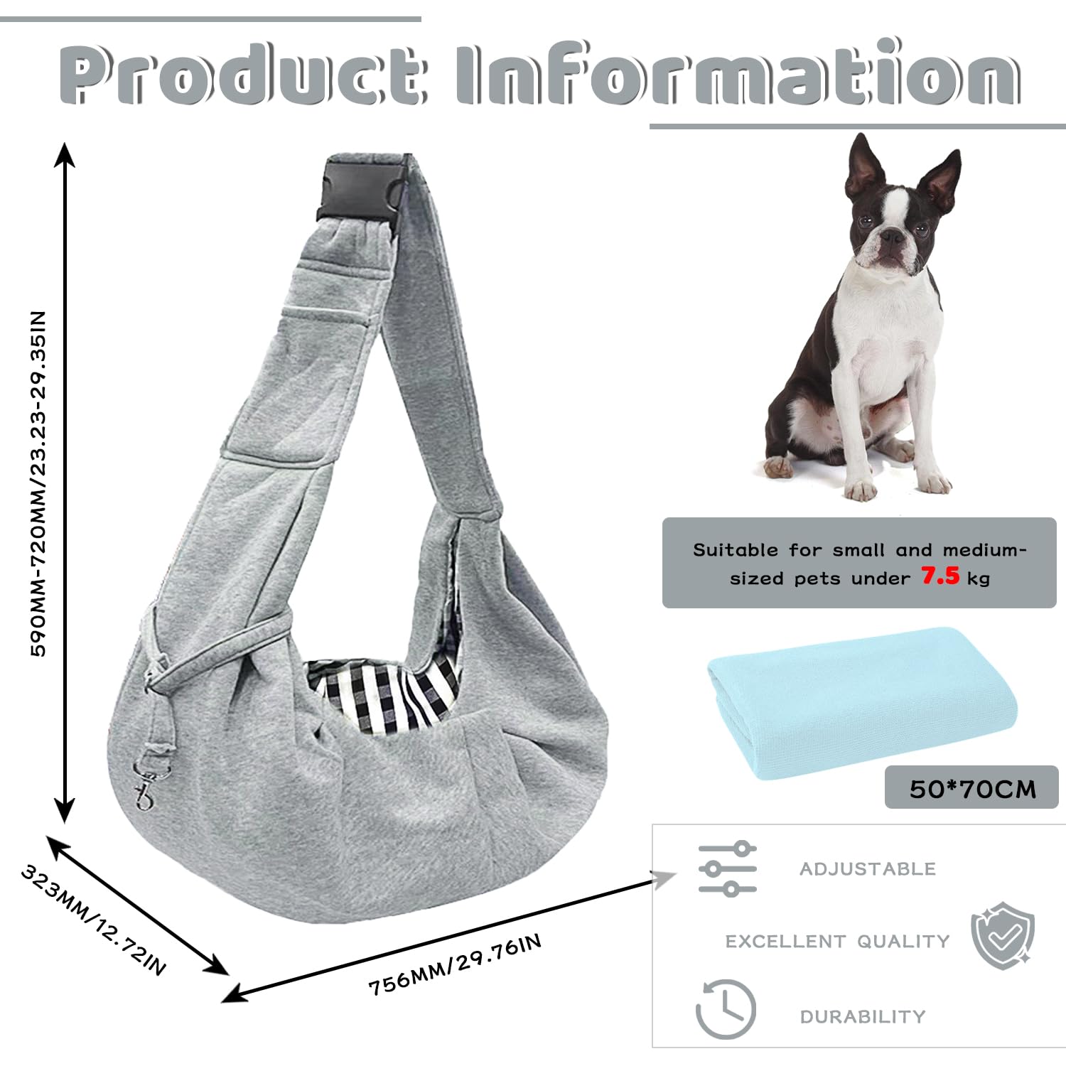 Bandolera para Perro Transportín para Perros Bolsa de Hombro para Mascotas Ajustable Gris con Toalla para Mascotas para Perros Gatos Pequeño y Medianos (Gris)