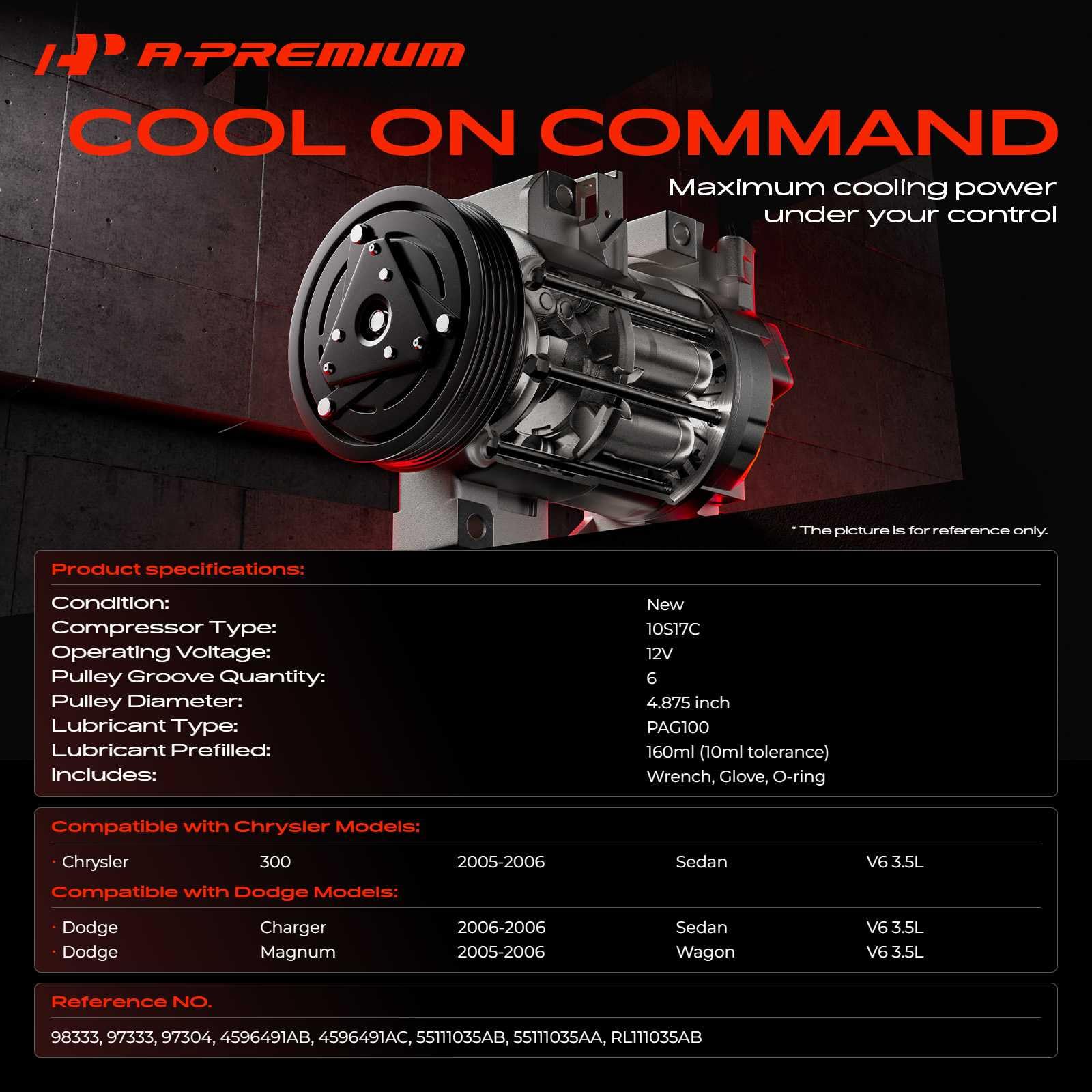 A-Premium Condizionatore d'aria Compressore AC con frizione compatibile con Dodge Charger 2006 Magnum & Chrysler 300 2005-2006, V6 3.5L