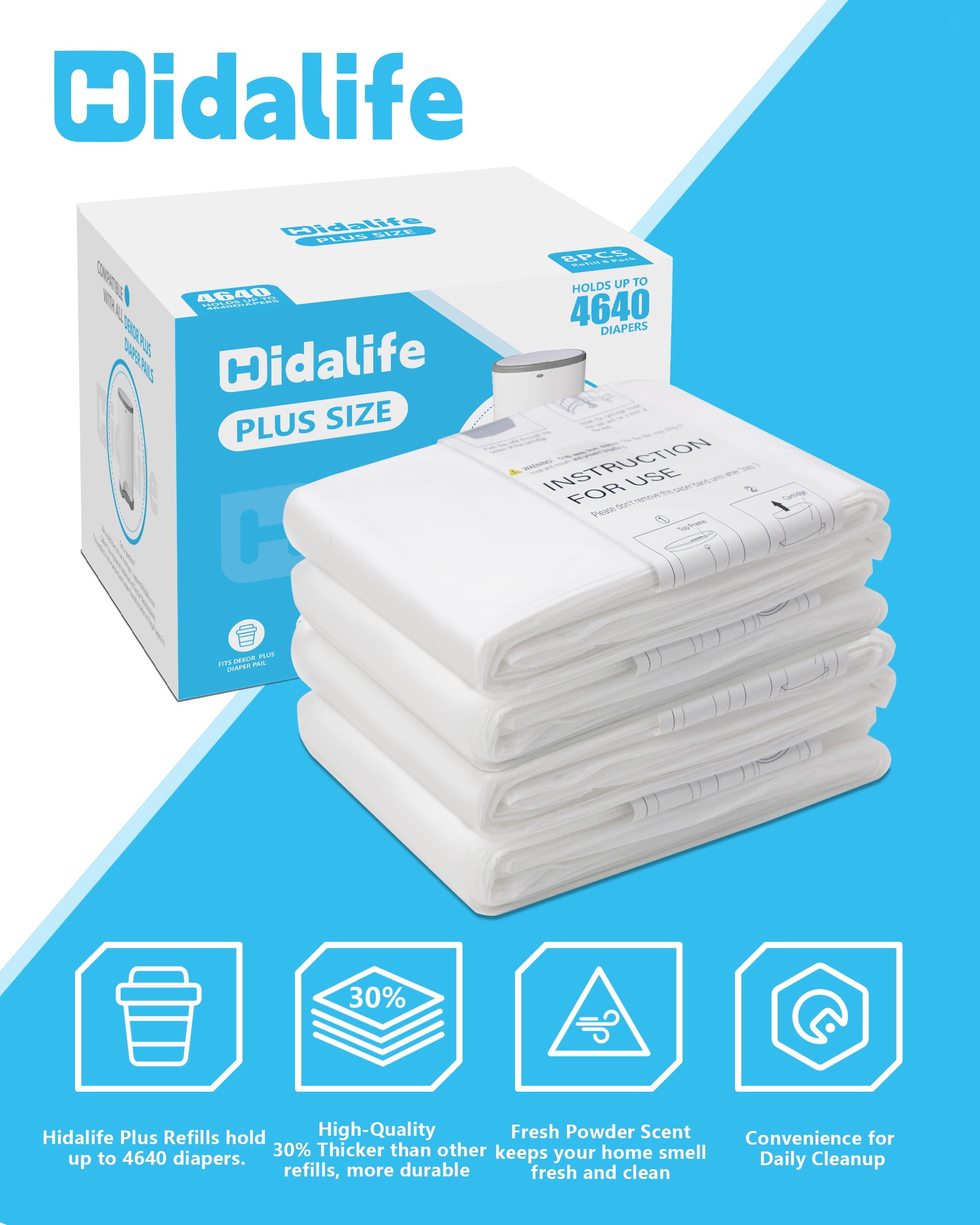 HIDALIFE Recambios compatibles con cubos de pañales Dekor Plus, bolsas de basura desechables, forros de repuesto extra gruesos, capacidad para hasta 4640 pañales (paquete de 8)
