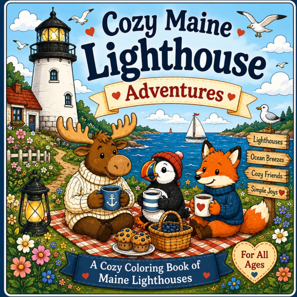 Cozy Maine Lighthouse Adventures: Relaxing Coastal Coloring Pages Filled with Cozy Lighthouse Life