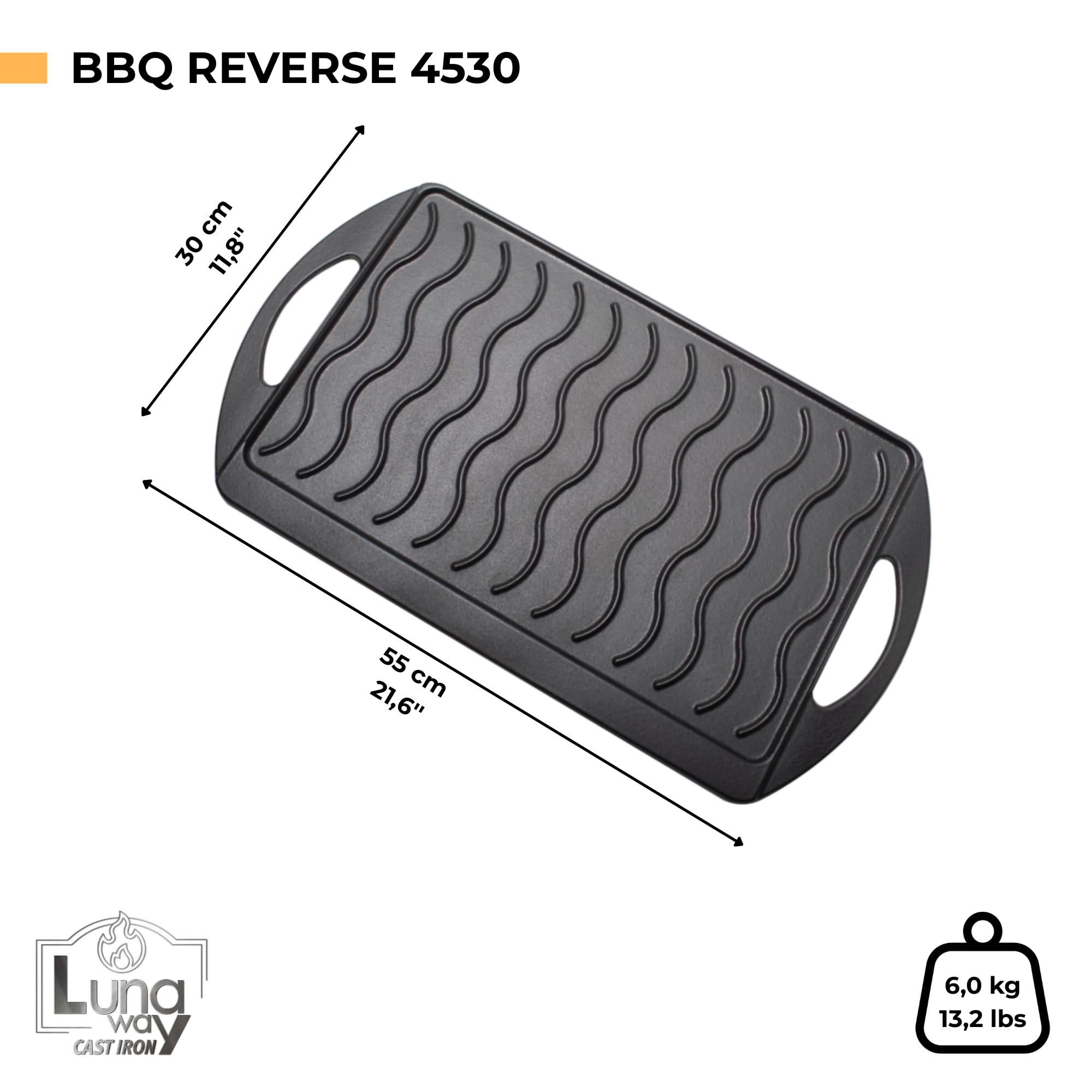 Griglia Piastra 55 x 30 cm REVERSIBILE 2 in 1 - Bistecchiera in Ghisa Smaltata | Doppia Superficie Liscia Ondulata | Antiaderente doppia smaltatura | Adatta a Fuoco Aperto Fornelli BBQ