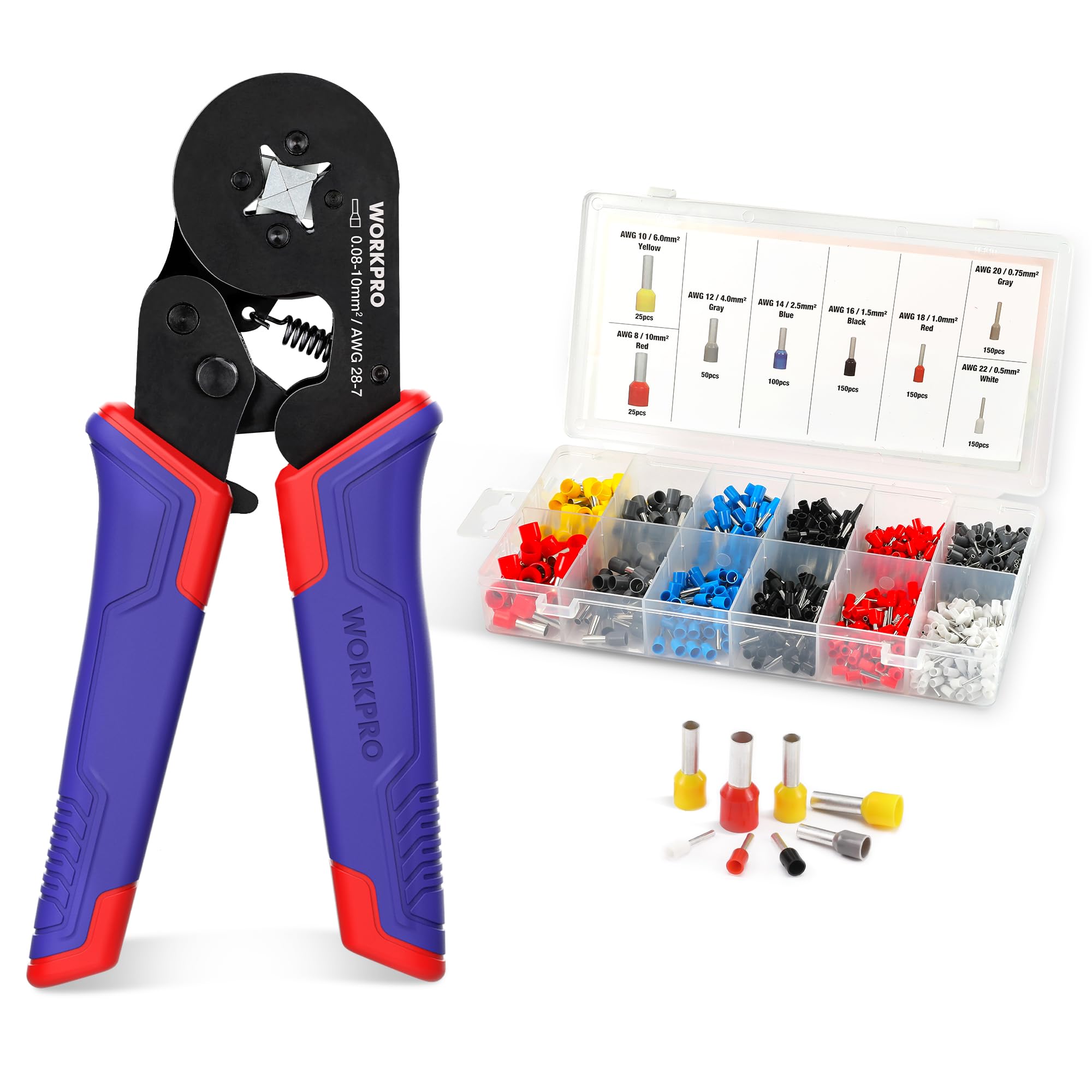 WORKPROFerrule Crimping Tool Kit, Self-Adjustable Ratchet Wire Crimping Plier, Wire Crimper with 800PCS Insulated Wire Terminals, for AWG 28-7 Electrical Wire Connectors