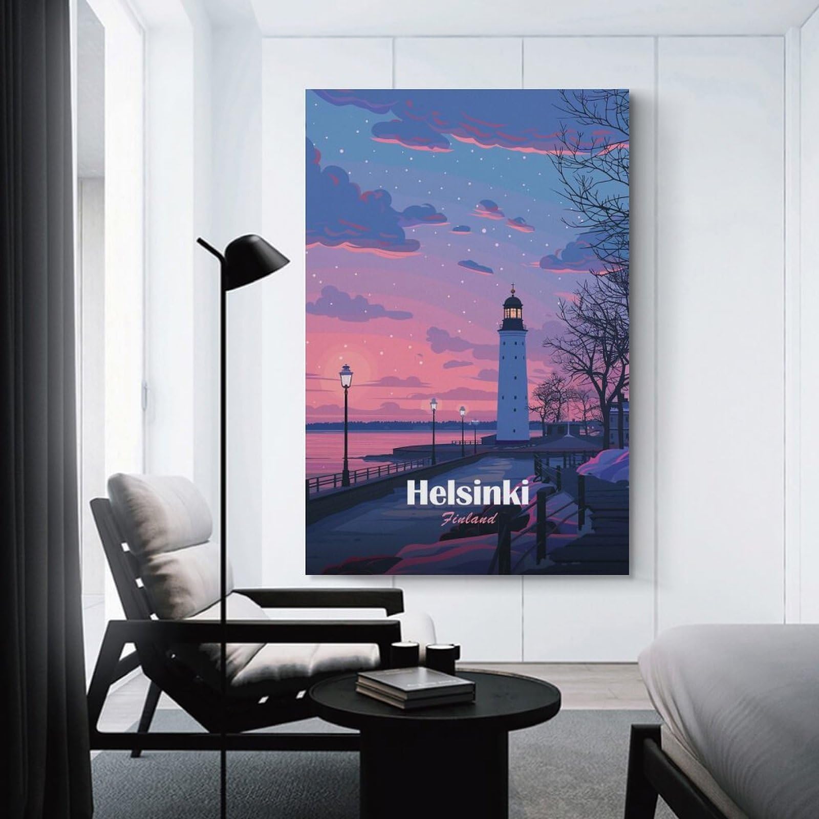 Junmoney Wall Art Print Helsinki Lighthouse at Sunset, 24x36inch(60x90cm), for Bedroom Decor, Cosy Corners Or Studios, Decorative Wall Art for Cosy Rooms