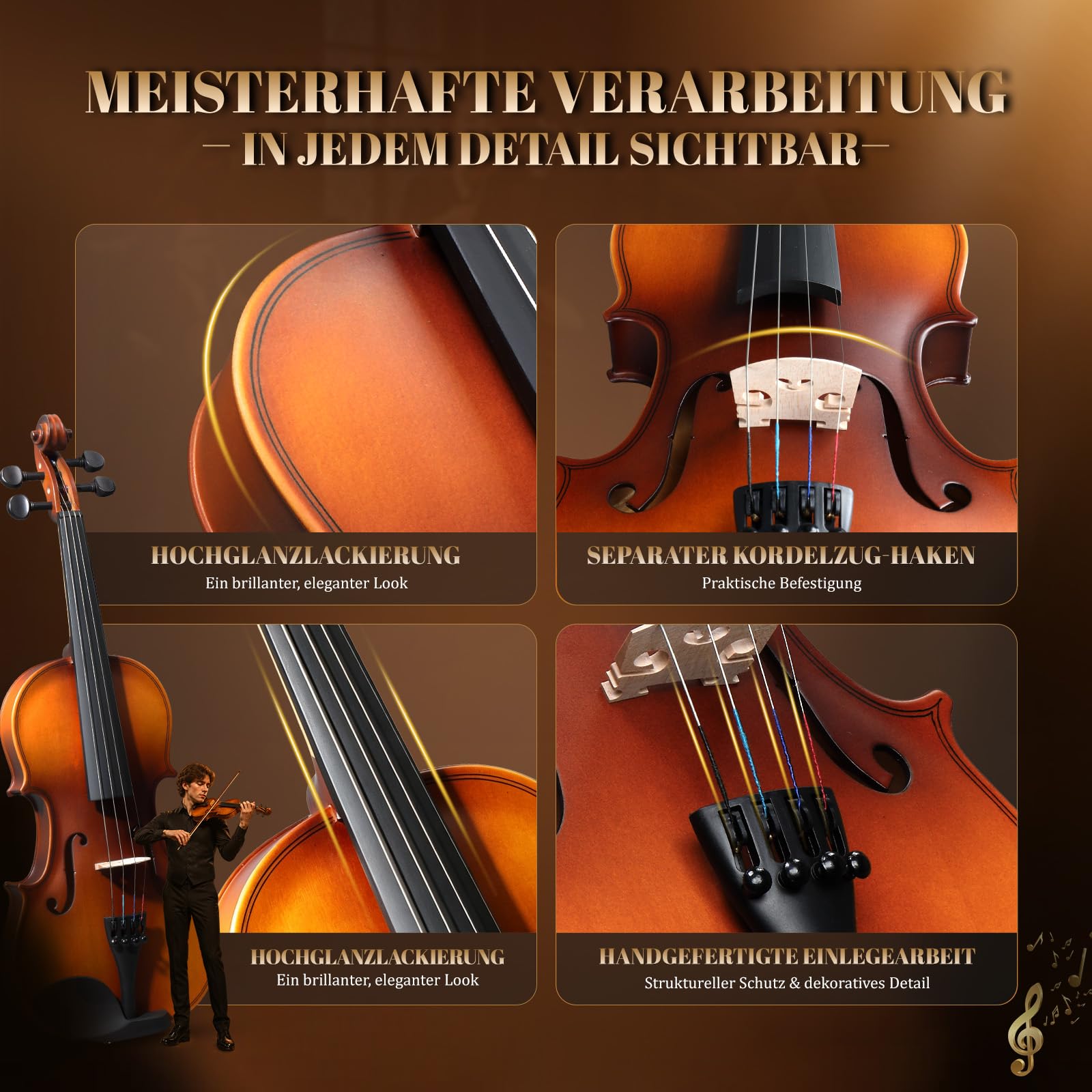 Bonnlo Violino per Bambini e Principianti, Misure 1/4, 1/2, 3/4 e 4/4, Violino in Legno Compensato di Tiglio con Acro in Legno Rosso, Astuccio, Colofonia e Mentoniera (Colore Classico, 1/4)