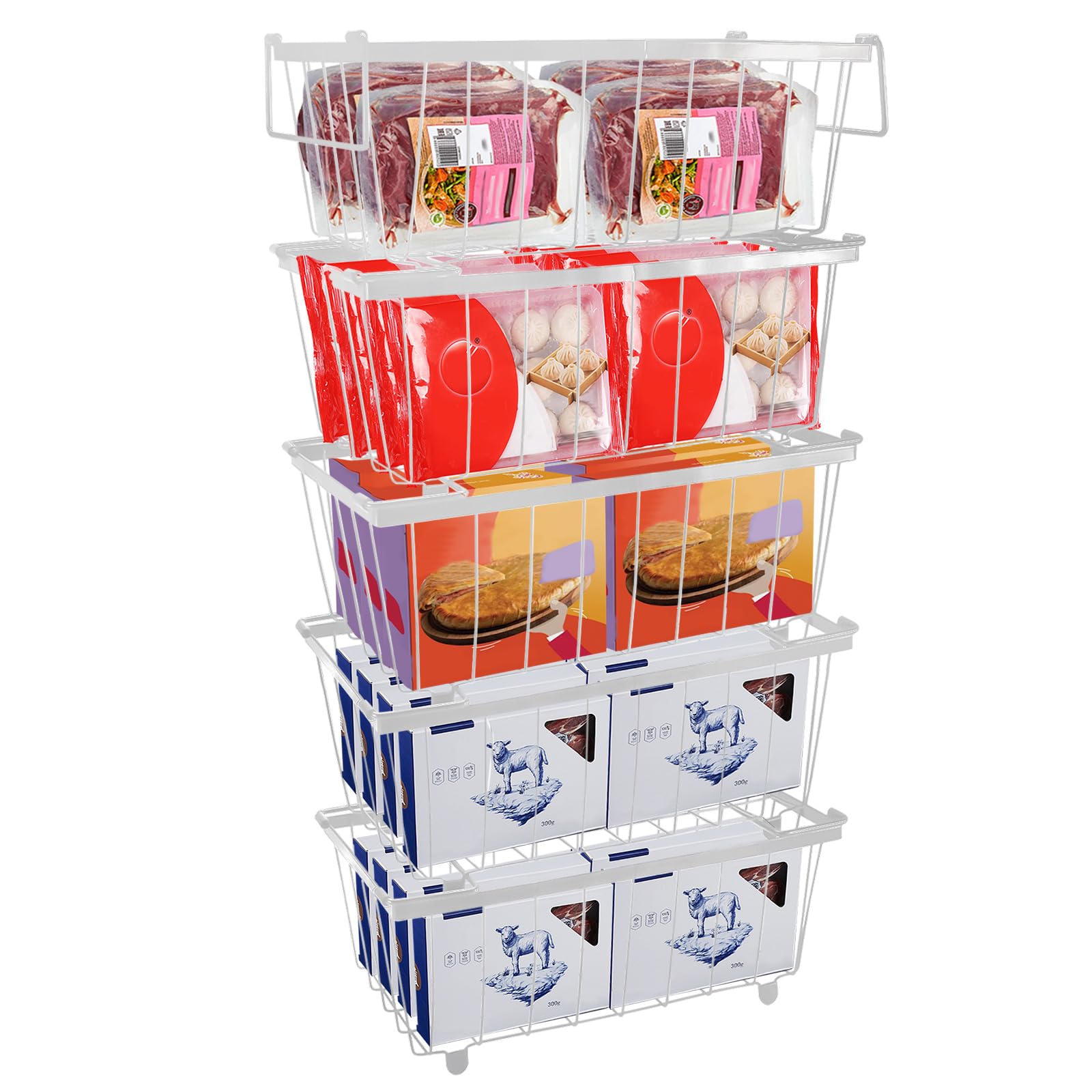 Tefola Chest Freezer Organizer, Stackable Freezer Organiser Bins, Hanging Metal Refrigerator Storage Rack with Handles, Sort Frozen Food Kitchen Organization for Deep Freezer (White, 5PCS)