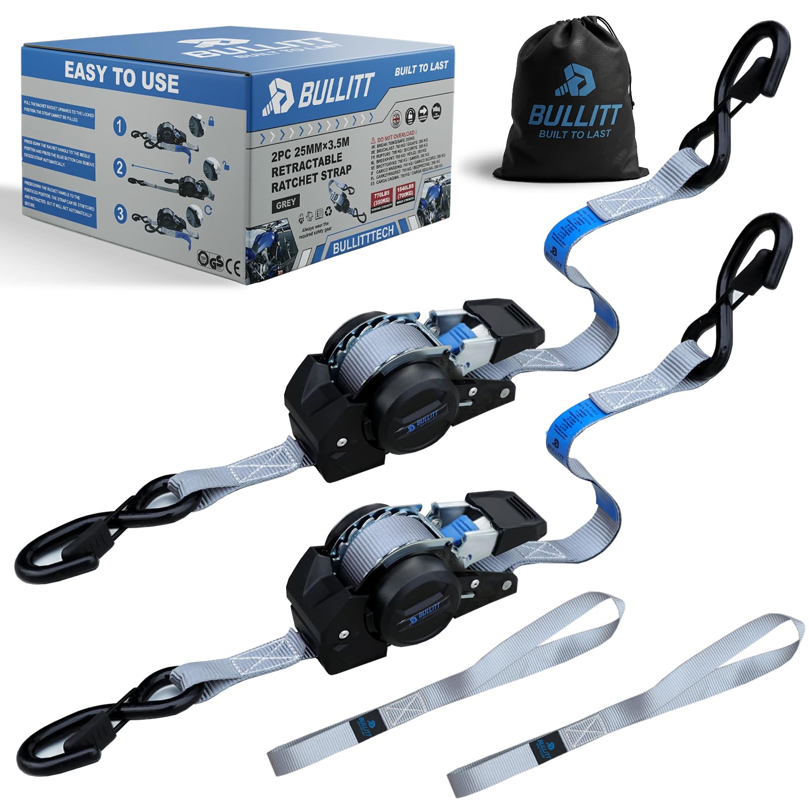 BULLITT 2Pk Decelerating Retractable Ratchet Straps Set,S-hook Tie Down Straps,2.54cm x 3.5m +38mm Soft Loops*2, Auto Self Retracting Straps with 700kg Break Strength for Motorcycles/Car/Household