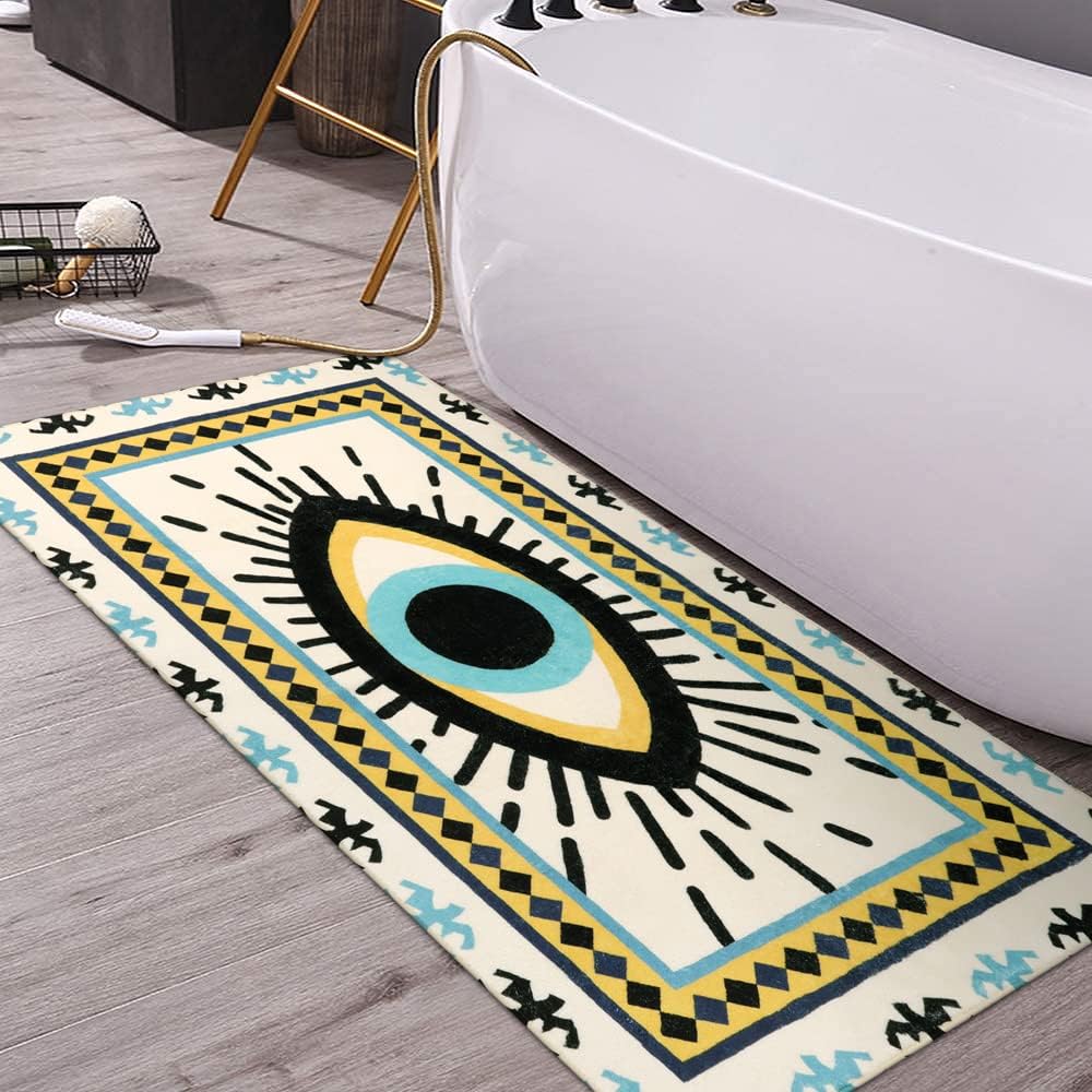 HAOCOO Blue Evil Eye Bathroom Rugs Runner 2’x4’, Vintage Non-Slip Bath Mat Luxury Shower Mat Kitchen Rug,Super Soft Velvet Creative Tribal Floor Mat Carpet for Bedroom Living Room Nursery Decor