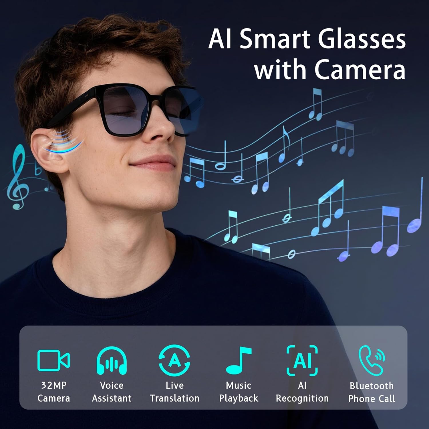 AI Smart Glasses with Camera, 8MP HD Camera Glasses for Men,Women, BT Call and AI Voice Control, Real-Time Translation, Open-Ear Audio, Object Recognition for Driving,Outdoor,+3 Lenses