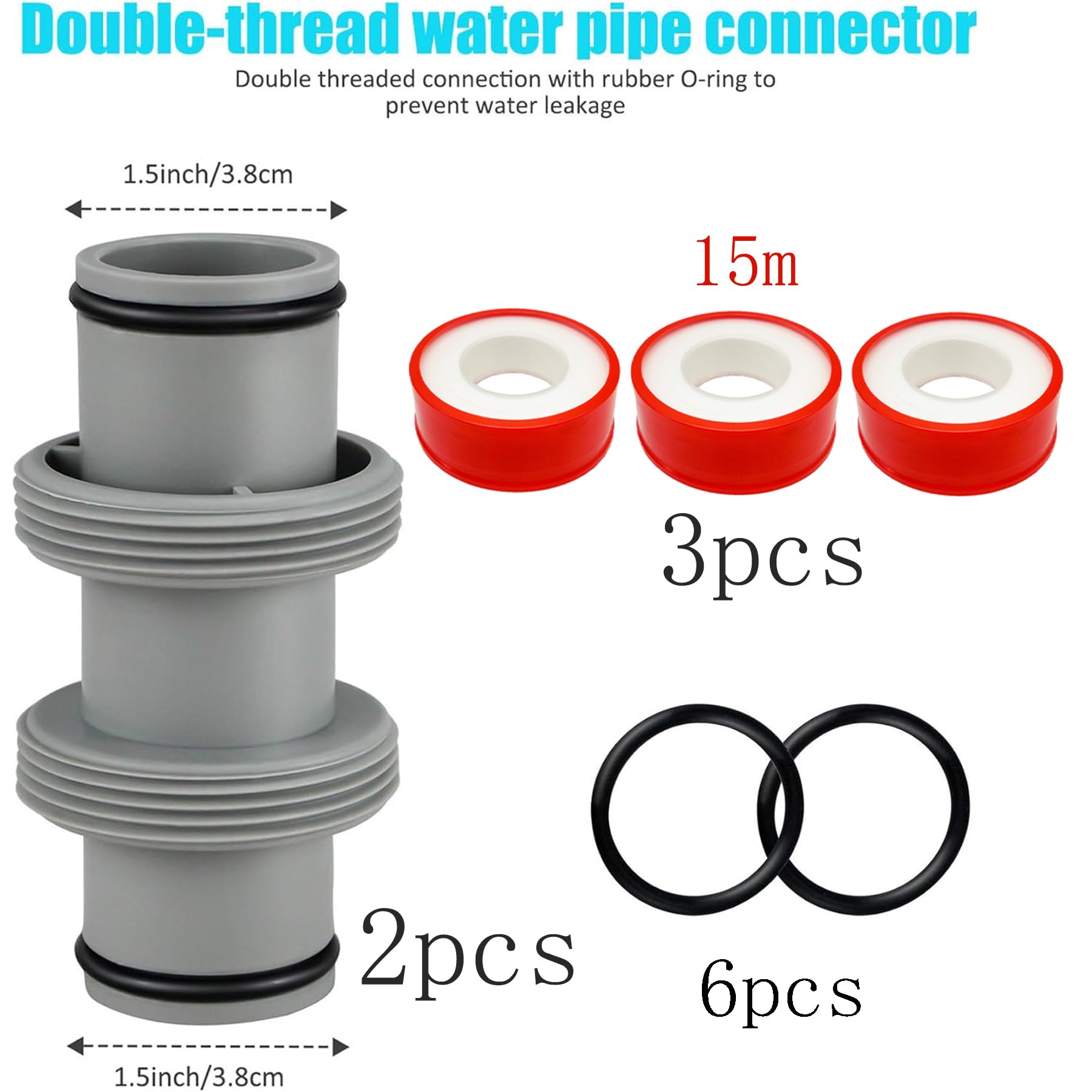 Lot de 2 raccords de tuyau de piscine 38 mm, raccord de tuyau de piscine 38 mm, adaptateur pour tuyau de piscine Intex Bestway Coleman, kit de raccordement de piscine 38 mm, rallonge