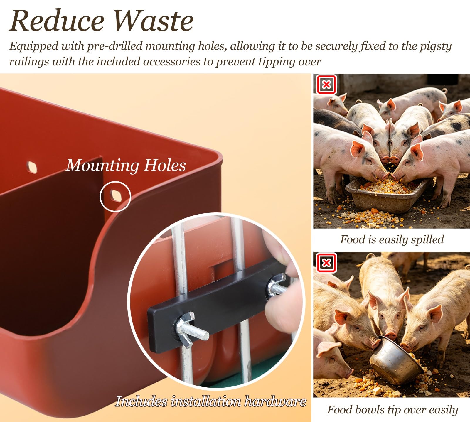 Comedero para Cerdos Comedero Pequeño de Plástico Liso para Lechones, Bebedero Multicompartimento con Diseño Semicerrado, Comedero para Aves Corral Patos Gallinas(Red L65cm/25.6")