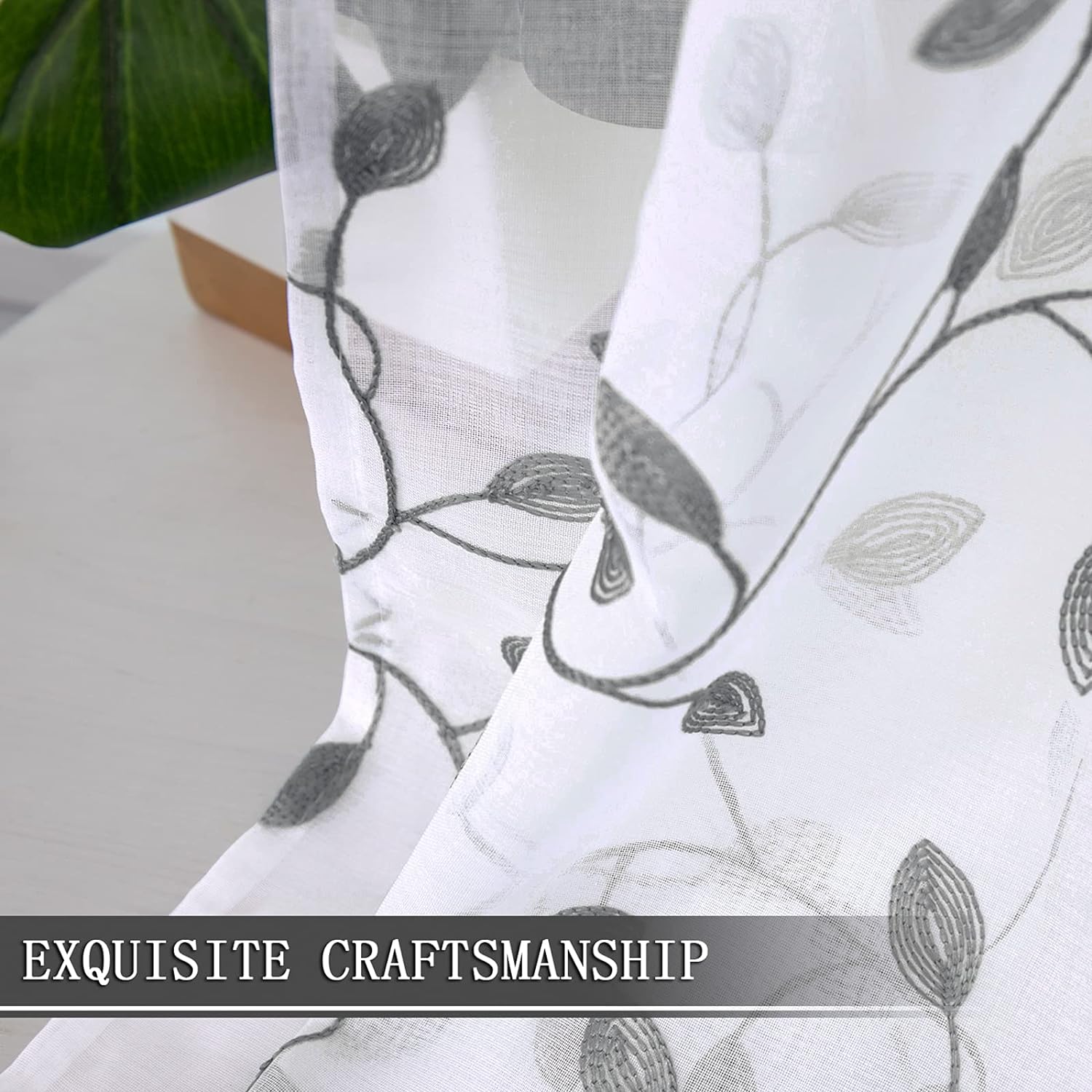 Tollpiz Leaves Short Sheer Tier Curtains Grey Leaf Embroidery Kitchen Half Curtain Rod Pocket Voile Faux Linen Embroidered Leaves Curtains for Bathroom, 30 x 24 inches Long, Set of 2 Panels