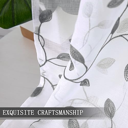 Miniatura 6 de Cortinas Tollpiz translúcidas, con diseño de hojas bordadas, para dormitorio, de lino sintético, para sala de estar, juego de 2 paneles