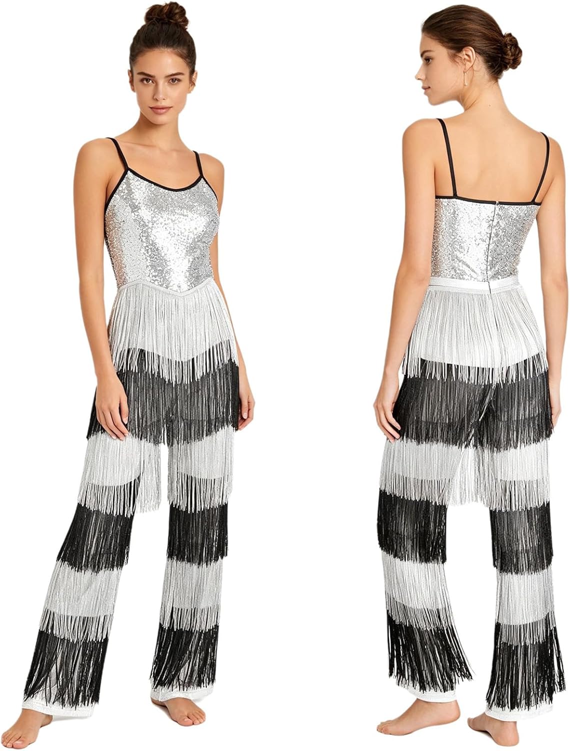 ranrann Women High Waist Dance Jumpsuit One Piece Unitard Retro 70s 80s Disco Wear Sleeveless Sequin Fringe Romper