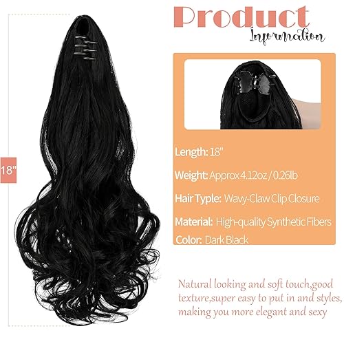Miniatura 2 de Extensión de cola de caballo de 18 pulgadas, rizado, ondulado, con clip, extensiones de cabello largo sintético para mujer, color negro oscuro