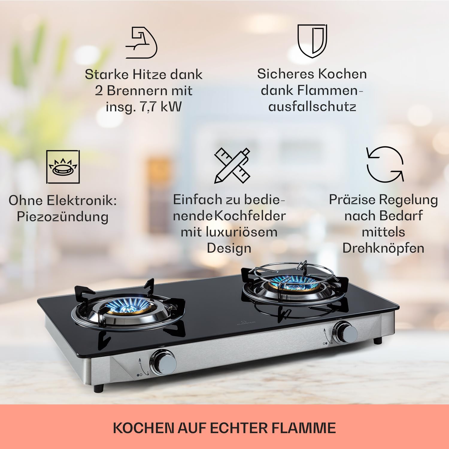Klarstein Gaskocher 2-Flammig 7,7kW Edelstahl Campingkocher