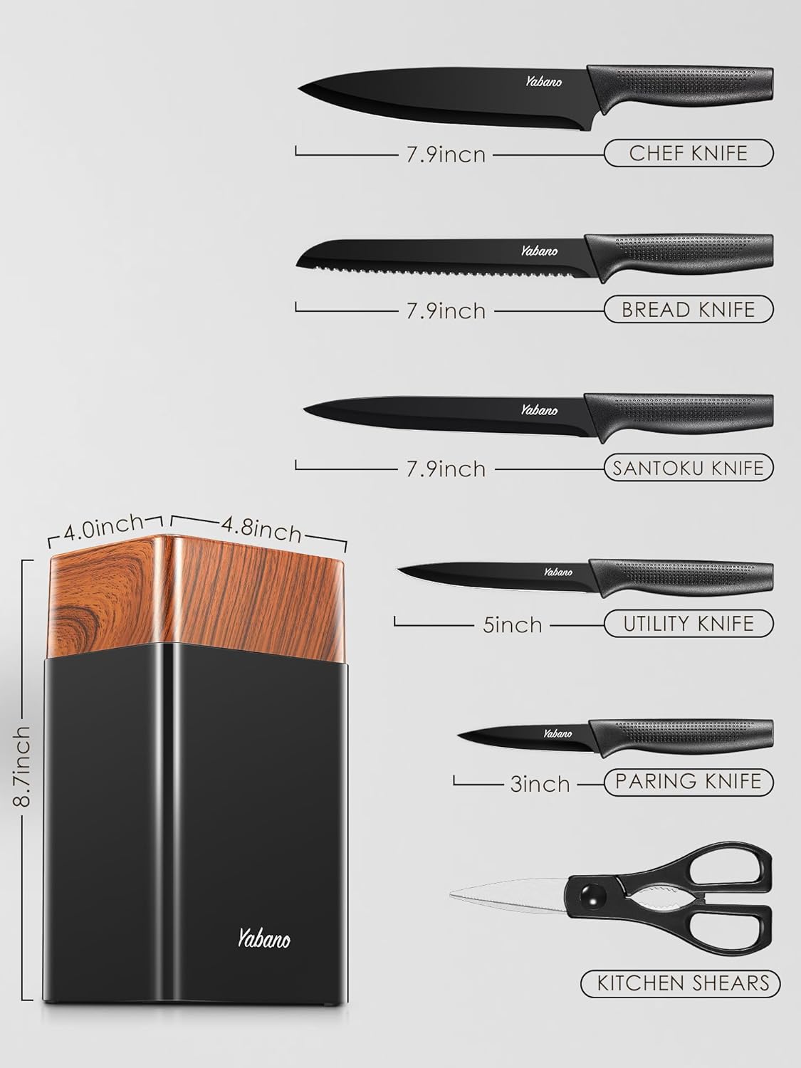 7-Piece Kitchen Knife Set with Universal PE Knife Block & Built-in Sharpener - Black Knives for Chopping, Slicing, Dicing & Cutting (Black), by Yabano