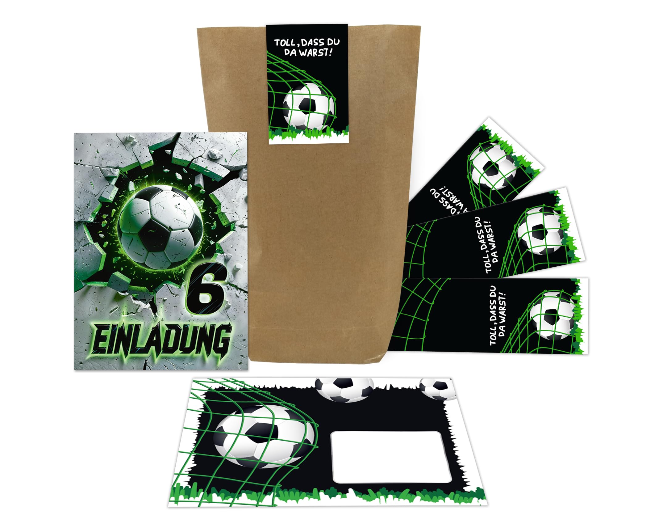 Junaversum 12 Einladungskarten zum 6. Kindergeburtstag Fußball Fussball Kinder Jungen coole bunte Einladungen sechste Geburtstag Geburtstagseinladungen Kids inkl. 12 Umschläge, 12 Tüten, 12 Aufkleber