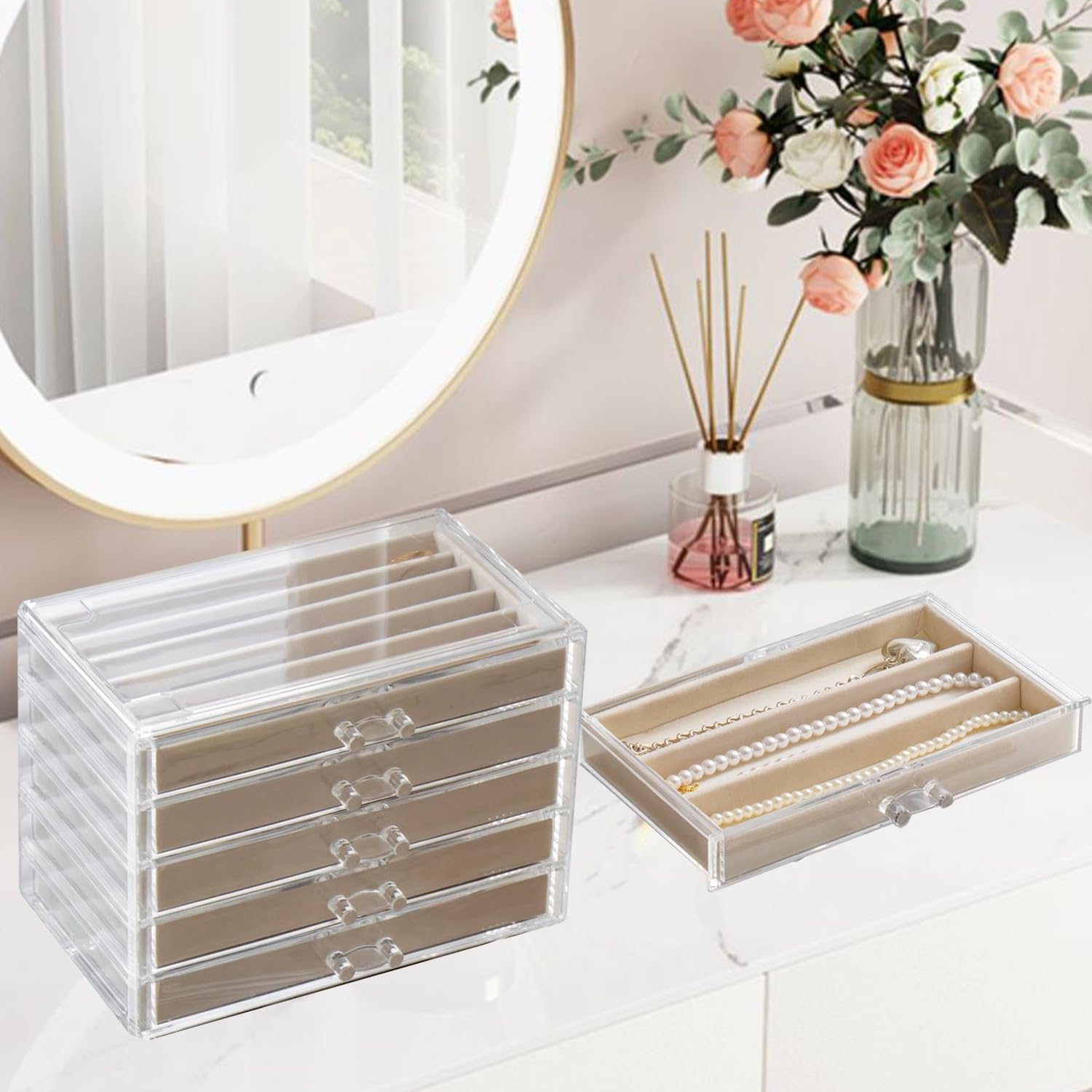 Halskette Aufbewahrungsbox, Acryl Halskette Veranstalter Box mit Samt Tablett, staubdicht Halsketten Halter Display Case für Frauen und Mädchen (Beige, 5 Drawers)