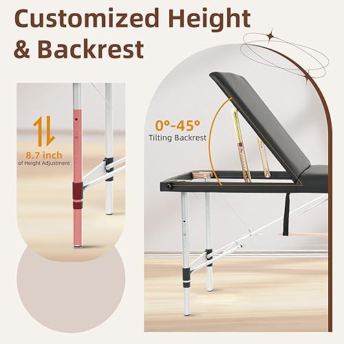 Miniatura 7 de ABET Mesa de masaje, cama de spa profesional portátil de 3 pliegues, altura ajustable de 23.5 pulgadas de ancho, mesa facial compacta con bolsillo
