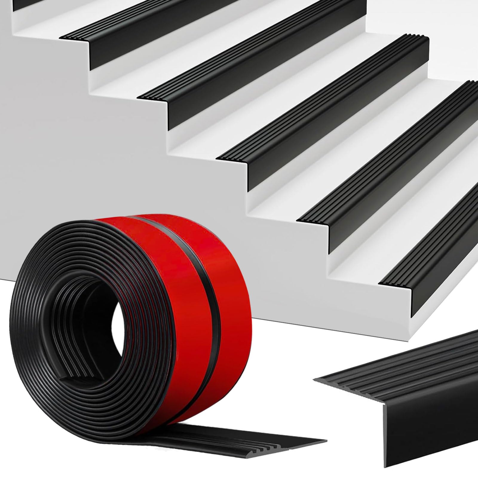 Perfil para Bordes de Escaleras Autoengluible 4M, 45x50mm Perfil Antideslizante para Escalones, Banda de Bordes de Escaleras de PVC, Protección de Bordes de Escaleras, Negro