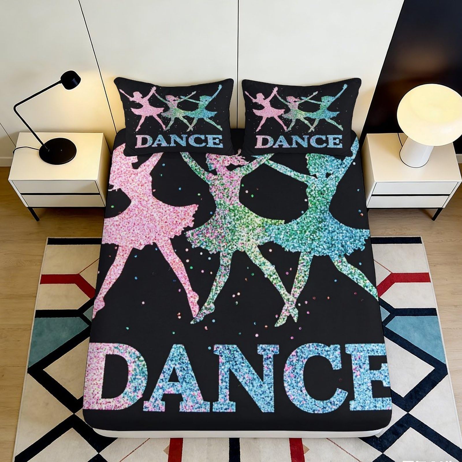3D Printed Dance Silhouette Fitted Sheet Microfiber Soft Pastel Ballet Bed Cover for Bedroom Guest Room Decor 90x200x25cm