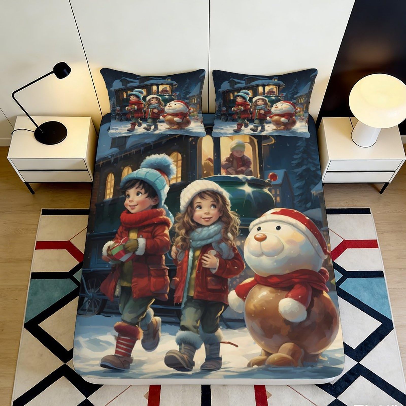 3D Printed Snow Cartoon Fitted Sheet Microfiber Deep Pocket Non-Slip Snow Scene Mattress Fitted Cover for Bedroom 140x200x25cm