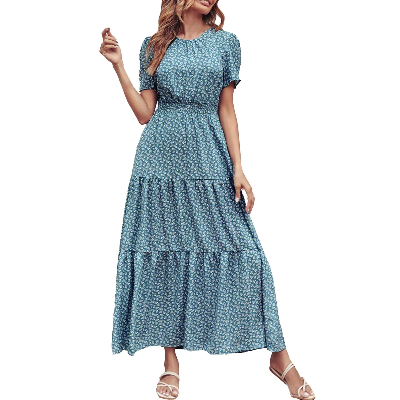 (Size 2XL) Summer V Neck Dresses for Women Three Quarter Sleeve Floral Print Open Fork Hem Casual Loose Sundress Long Dres