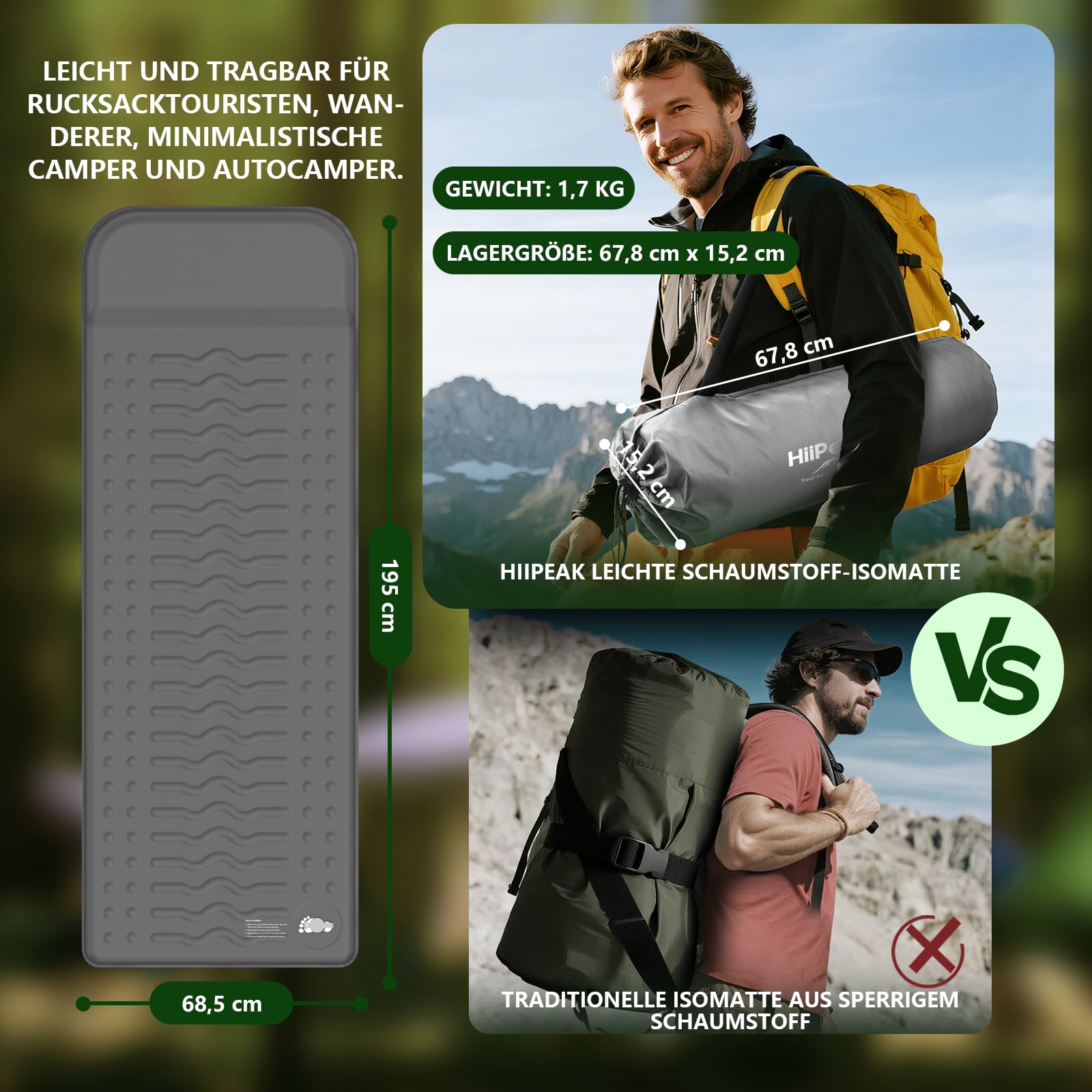 HiiPeak Isomatte R-Wert 9,5 – Extra Thermal Camping Matratze mit Kissen, Isolierte Luftmatratze aus Schaumstoff für Winter & Sommer, Bequeme Schlafmatte für Camping, Outdoor, Wandern & Zelt