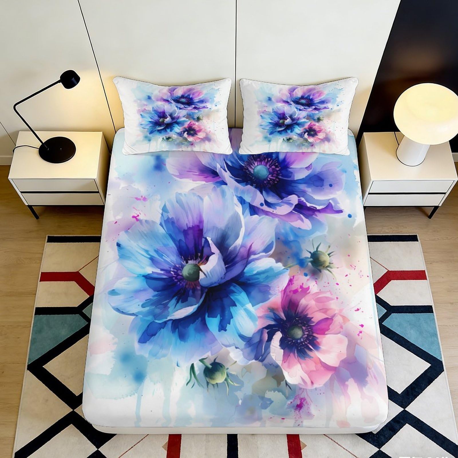 3D Printed Watercolor Blue Flower Fitted Sheet Microfiber Soft Mattress Cover Artistic Blossom Decor for Bedroom Dorm 200x200x25cm