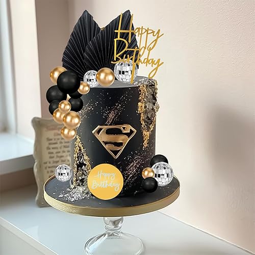 Miniatura 10 de MEMOVAN 26 piezas de decoración de pastel de cumpleaños para hombre, diseño bohemio, bolas negras, hojas de palma, decoración de pastel para hombre