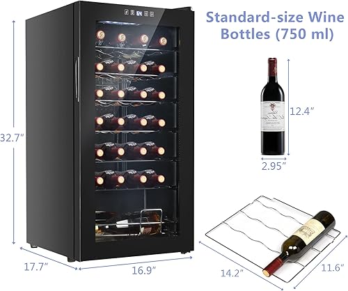 Miniatura 6 de Refrigerador de vino independiente de 28 botellas, enfriador de vino con control digital de temperatura y puerta de vidrio de doble capa