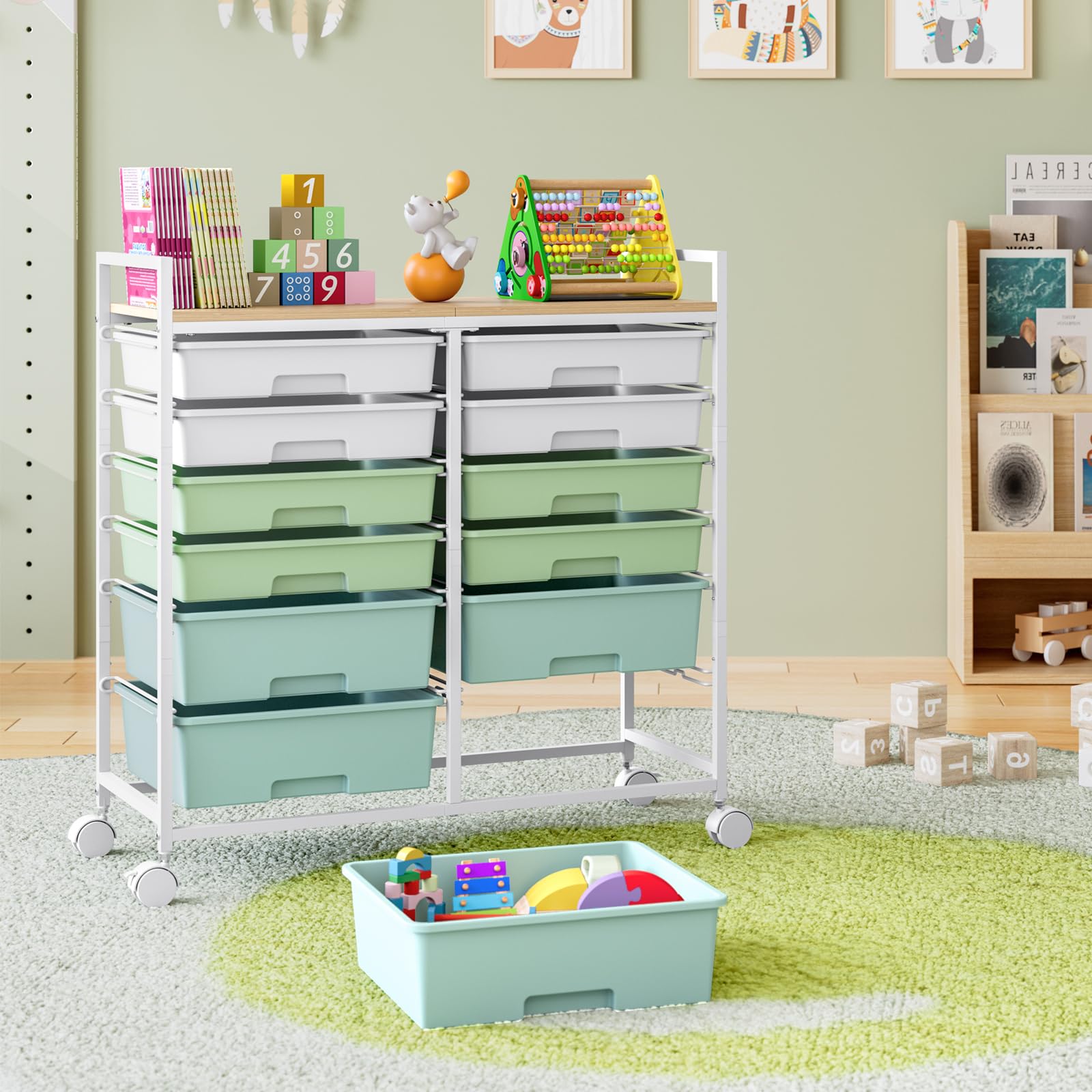 Chariot à 12 tiroirs SYKIARIOL - Rollcontainer - Chariot de rangement pour salle de bain - Chariot polyvalent pour loisirs créatifs, chariot à outils et chariot de rangement avec plan de travail