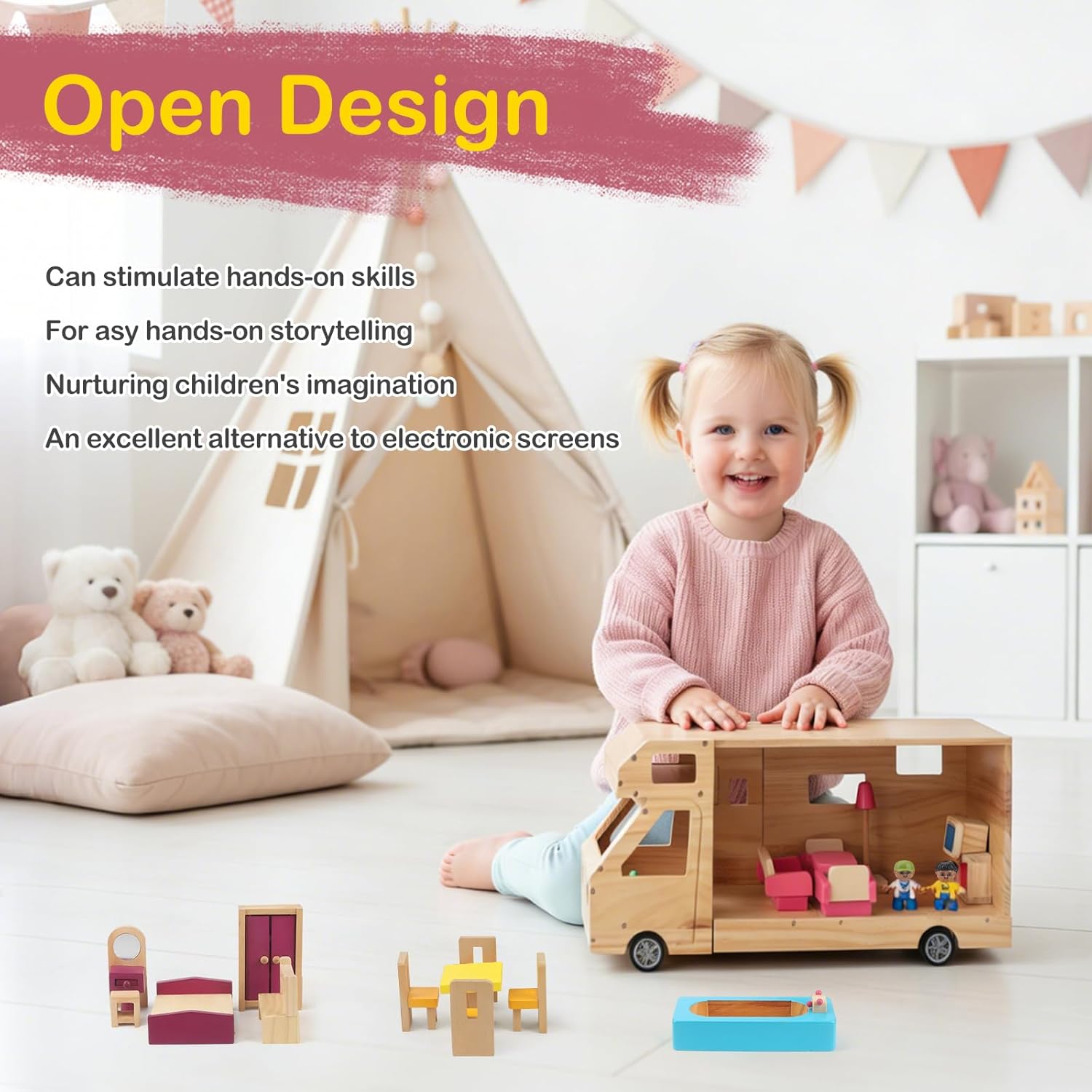 RV Camper Dollhouse for Kids, Wooden Rolling Motorhome with Full Furniture Set, Travel Doll House Toy with Miniature Rooms for Boys & Girls, Pretend Play Adventure Home