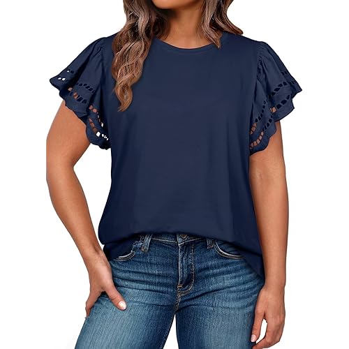 Eytino Womens Plus Size Tops Short Sleeve Round Neck Hollow Out Casual Loose Tunic Tees Shirts(1X-5X)