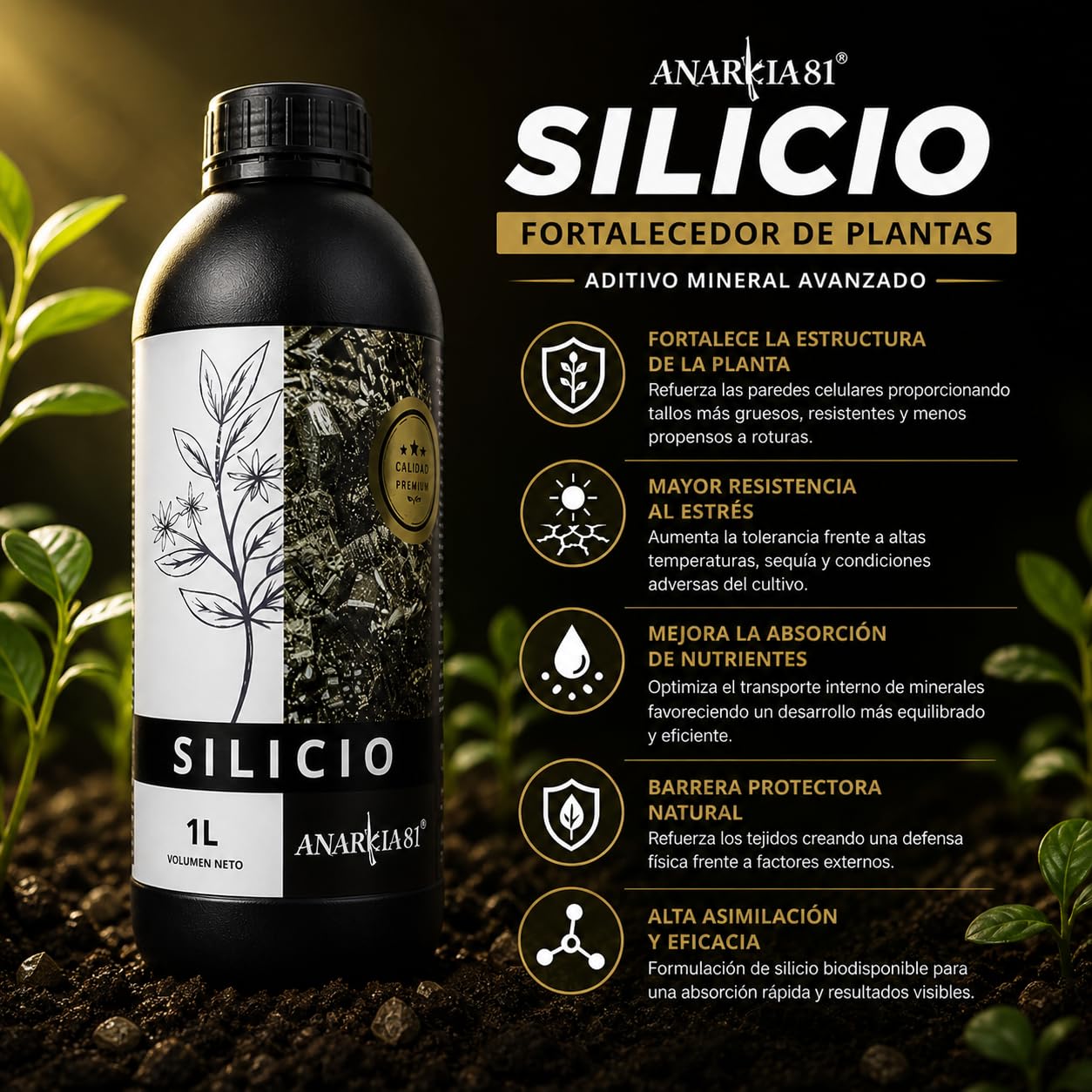 SILICIO 500 ml – Fortalecedor de Plantas con Silicio Aditivo Mineral para Tallos Fuertes Resistencia al Calor y Estrés Cultivo Interior y Exterior - Anarkia81
